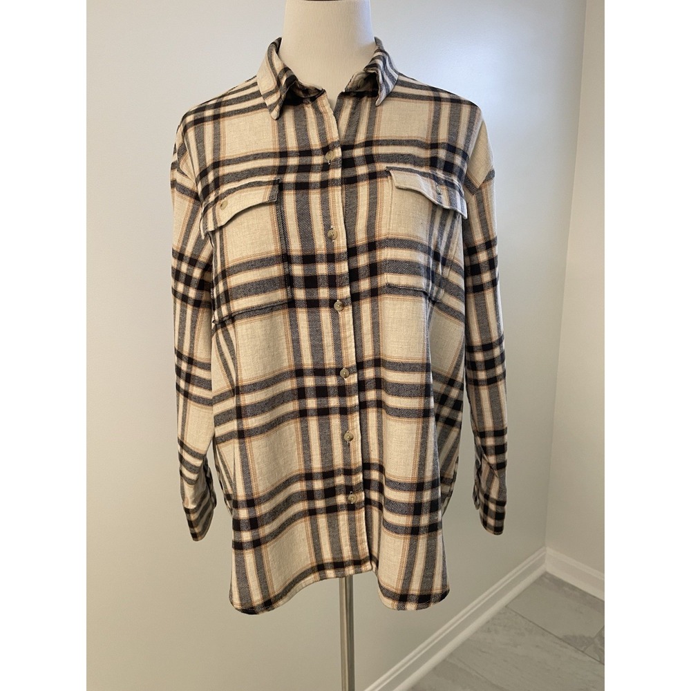 Old Navy Women's The Boyfriend Flannel Shirt Long Sleeve Black/Cream Size Large